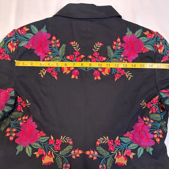 Spirit Embroidered Floral Jacket | Black Cotton Zip Folk Art Coat - M - Picture 7 of 9